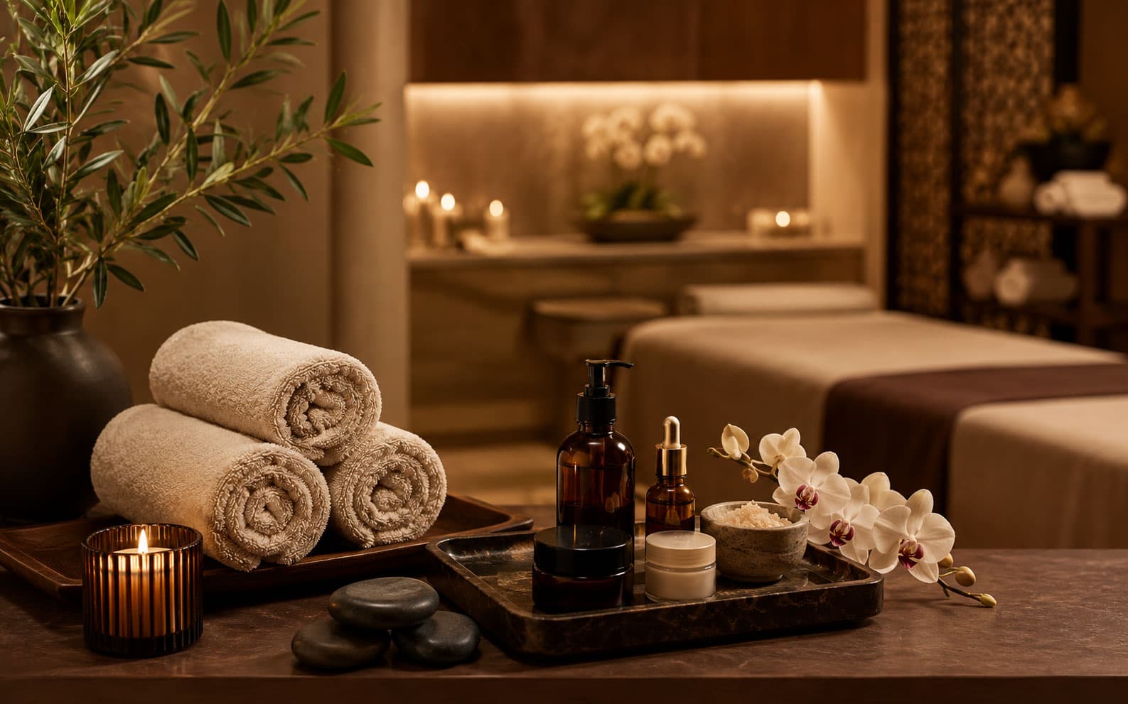 Professional spa treatment room with towels, candles, and body care products